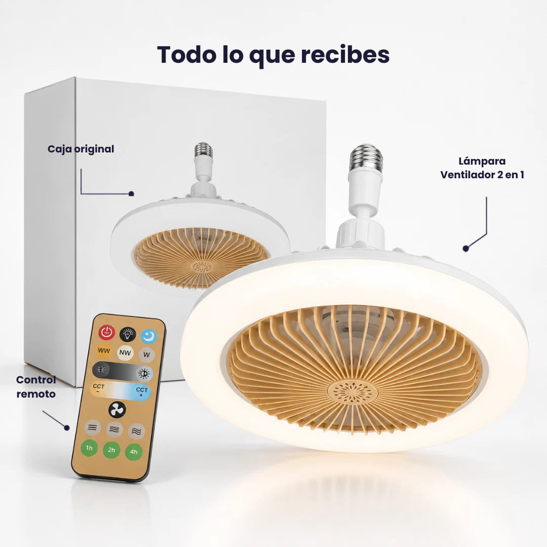 Todo lo que recibes: lámpara ventilador 2 en 1, control remoto y caja original